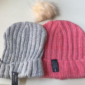 3 pack knit cap pink and grey pompom not attached